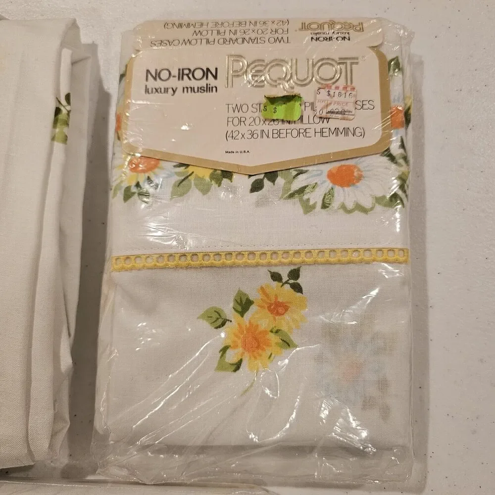 Pequot‎ Twin Size Vintage Muslin Sheet Set Standard Pillowcases White Floral New